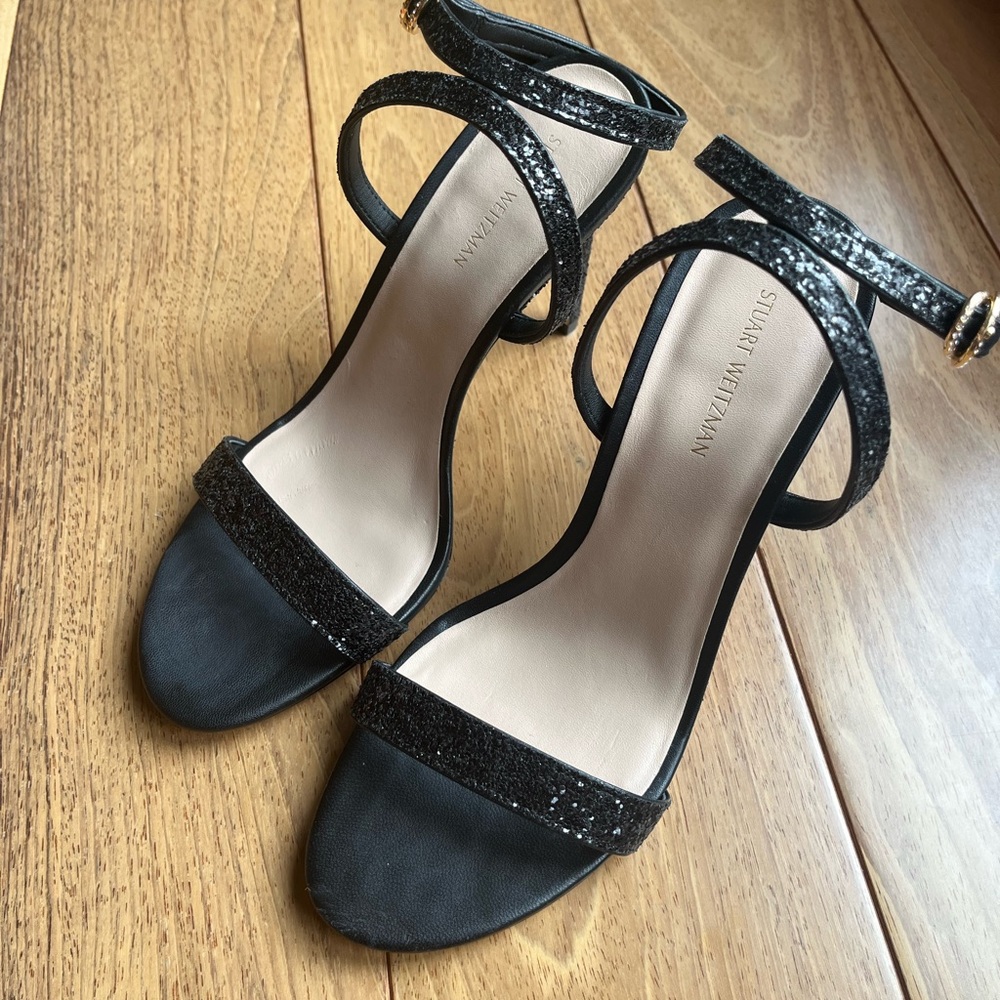Stuart Weitzman Crystal Buckle 95 Glitter Sandal Size 8.5 - Picture 2 of 9